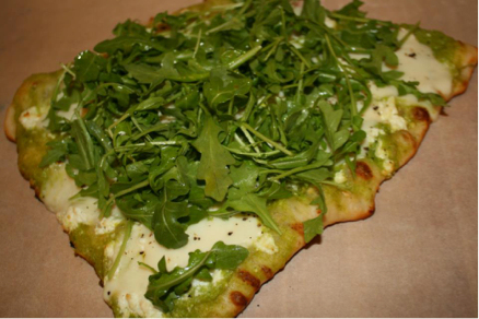 Grilled Thin Crust Pizza With Fresh Fava Bean Pesto, Arugula Salad With a Gremolata Vinaigrette
