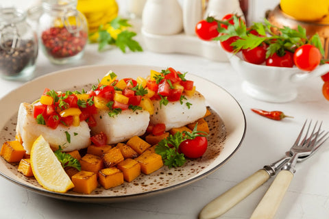 Pan Seared Fresh Halibut with Warm Marinated Heirloom Tomato & Baby Squash Salad