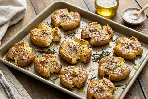 Smashed Baby Yukon Gold Potatoes With Garlic Olive Oil