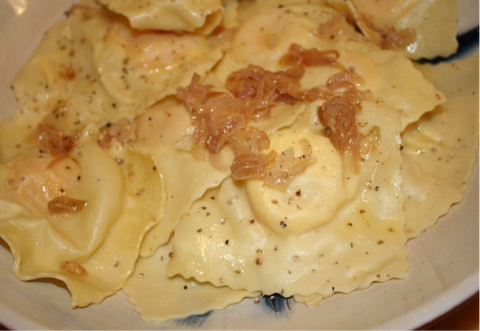 Goat Cheese Ravioli with Caramelized Shallots & Mushroom Sage Cream Sauce