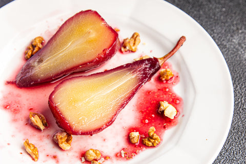 Red Wine & Honeybell Orange Balsamic Poached Pears With Honey Cinnamon Mascarpone